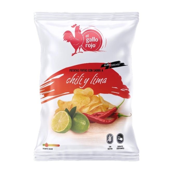 PAPAS CHILI Y LIMA GALLO ROJO 100gr, Caja 10und
